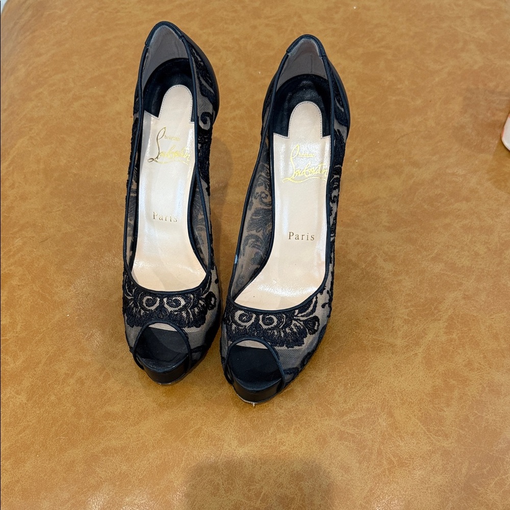 Christian Louboutin Black Lace Peep-Toe Heels - Picture 2 of 11
